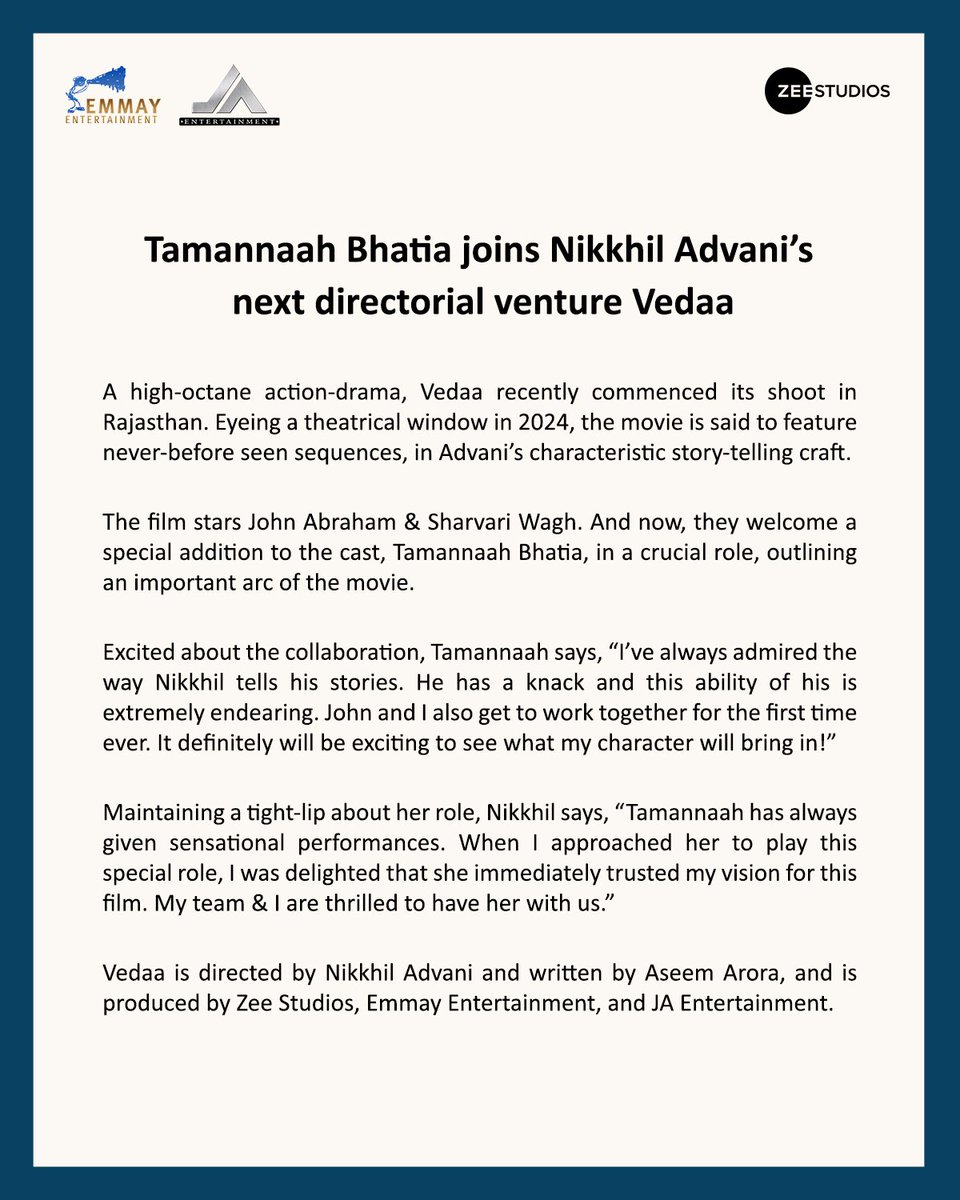 Team #Vedaa is privileged to have the wonderful & effervescent @tamannaahspeaks join the cast for a special, pivotal role. The stakes just got bigger!!🙌🏼💪🏼 @TheJohnAbraham #Sharvari @nowitsabhi @monishaadvani @madhubhojwani @shariqpatel @minnakshidas @aseem_arora