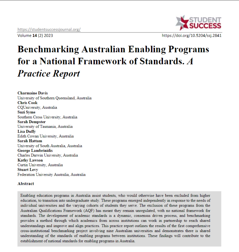 CollegeUsq's tweet image. Congratulations to @CollegeUsq's  Charmaine Davis, on her co-authored publication on benchmarking #enabling programs.

@CQU Chris Cook
@SCUniversity Suzi Syme
@journalsuccess 

studentsuccessjournal.org/issue/view/128