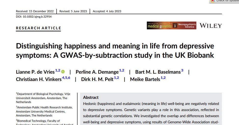 Lianne de Vries (@lianne_dvries) on Twitter photo Happy the final paper of my PhD is published!🎉
Is well-being more than the absence of depressive symptoms? YES
See thread below for findings on "pure" well-being and paper for details:
doi.org/10.1002/ajmg.b…
<a href="/PerlineDemange/">Perline Demange</a> <a href="/pelt_dirk/">Dirk Pelt</a> @vinkerslab <a href="/Meike_Bartels/">Meike Bartels</a> <a href="/NTRscience/">Netherlands Twin Register</a> Happy the final paper of my PhD is published!🎉
Is well-being more than the absence of depressive symptoms? YES
See thread below for findings on "pure" well-being and paper for details:
doi.org/10.1002/ajmg.b…
<a href="/PerlineDemange/">Perline Demange</a> <a href="/pelt_dirk/">Dirk Pelt</a> @vinkerslab <a href="/Meike_Bartels/">Meike Bartels</a> <a href="/NTRscience/">Netherlands Twin Register</a>
