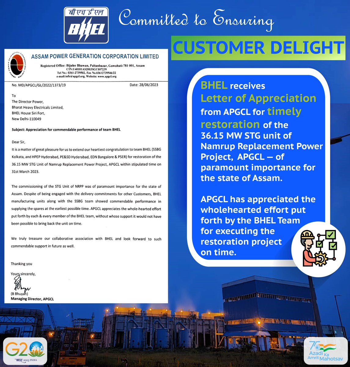 BHEL_India's tweet photo. #BHEL receives letter of #appreciation from APGCL for timely restoration of the 36.15 MW STG unit of Namrup Replacement Power Project, APGCL — of paramount importance for the state of Assam.
#BHELIndia #customerdelight #customersatisfaction #bhelemployees #nationbuilding https://t.co/gQsOKtNSmU