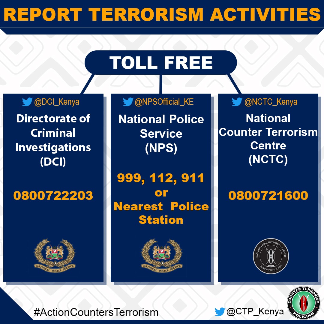 CTP_Kenya's tweet photo. Citizens need to play active role in fight against extremism &amp; terrorism to keep Kenya safe.

You can report terrorism activities to @NPSOfficial_KE, @DCI_Kenya or @NCTC_Kenya for action to be taken to prevent terror attacks &amp; save lives.
#ActionCountersTerrorism 
#UkionaSema https://t.co/DiU2My5bhx