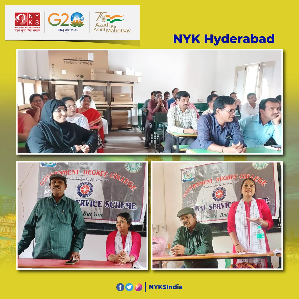 MYBharatHQ's tweet photo. Ward-level meeting conducted in Murad Mahal ward at GDC, Chanchalguda of Charminar Block of the district Hyderabad wherein DYO NYK Hyderabad & Principal Dr P Venkata Ramana briefed about the Mega program being planned in each ward.
#MegaProgram #NYKS #Telangana #India #Youth https://t.co/9MSRxfdPXG