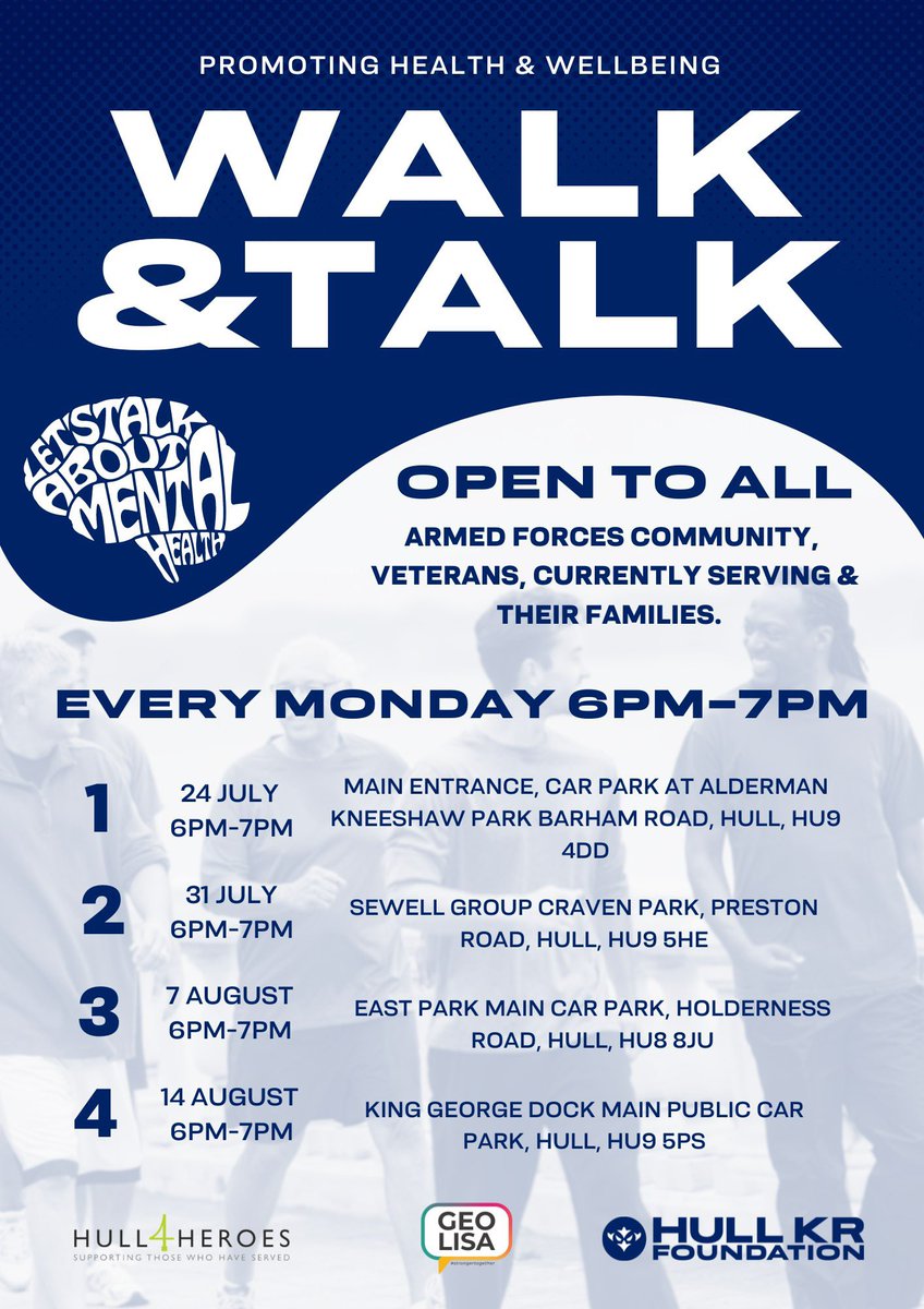 Our new GEO &amp; LISA  Walk &amp; Talk sessions in conjunction with <a href="/hullkrofficial/">Hull KR</a> foundation 
will start on Monday 24th July. 

Each session will take place on a Monday at 18:00 - 19:00 in a different location across the city. Allowing anyone from the Armed Forces Community to enjoy