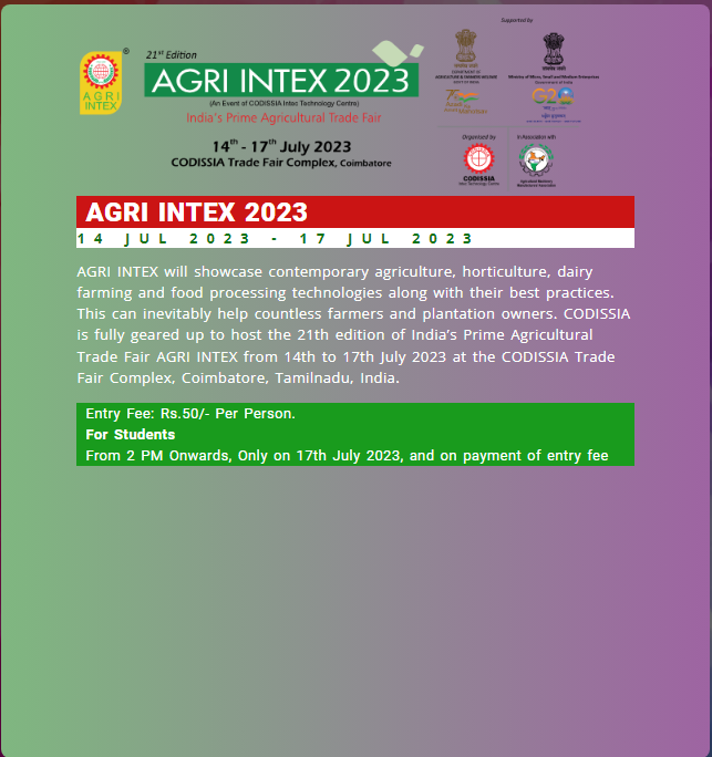 snmramalingam's tweet photo. ! AGRI INTEX 2023 !

14-17 July @ CODISSIA, Coimbatore from 9am to 6pm. 500+ exhibitors Agri machinery, Live demos, Model farm &amp; more .

Register: https://t.co/TTkFvIJziI

#agriintex #coimbatorelife #Codissia #RegisterNow #agriculture #farming #student https://t.co/3oNsZ3eMfo