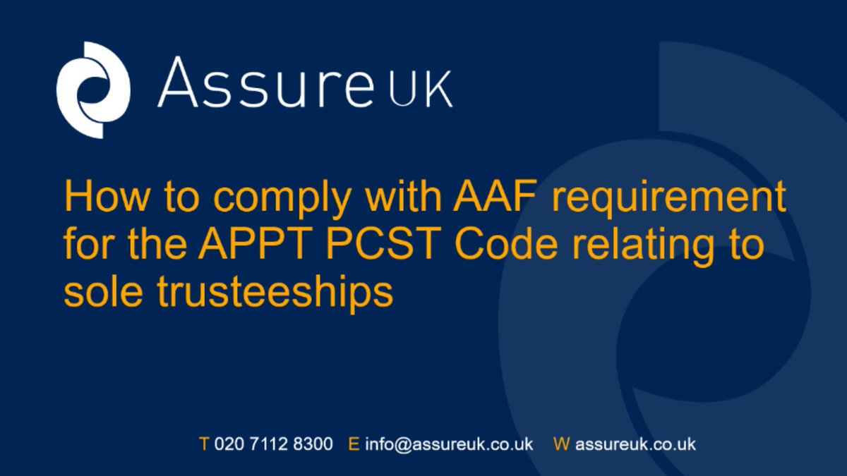What is the APPT Sole Trustee Code?

This came into force in January 2021 and is an addition to the APPT’s existing professional standards’ code.

We have a webinar on this topic with everything you need to know.

Sign up for FREE below ⬇️
soletrusteeaaf.assureuk.co.uk

#Trustees