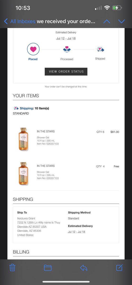 tobeezythemac's tweet photo. Ugh what a jerk this fool hacked my account and had a bunch of stuff sent to them in Arizona!!! I live in California!! Even had the nerve to put “my name is thuy” I hope you get some horrible karma asshole @bathbodyworks https://t.co/OnCcdjxRWF