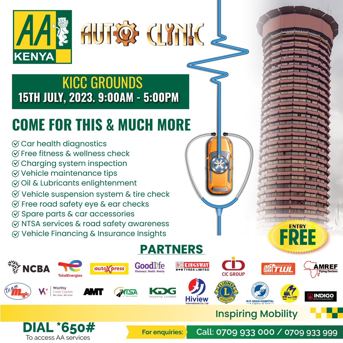 AAKenya's tweet photo. Two days to go to the biggest mobility event in Kenya. AA Kenya AutoClinic is here with a baaaaaang! Our partners are eager to interact with you and provide thorough information about your vehicle. The main aim is to promote road safety. Entry is free
#AAKenyacares #AutoClinic https://t.co/pDWLvOewr1