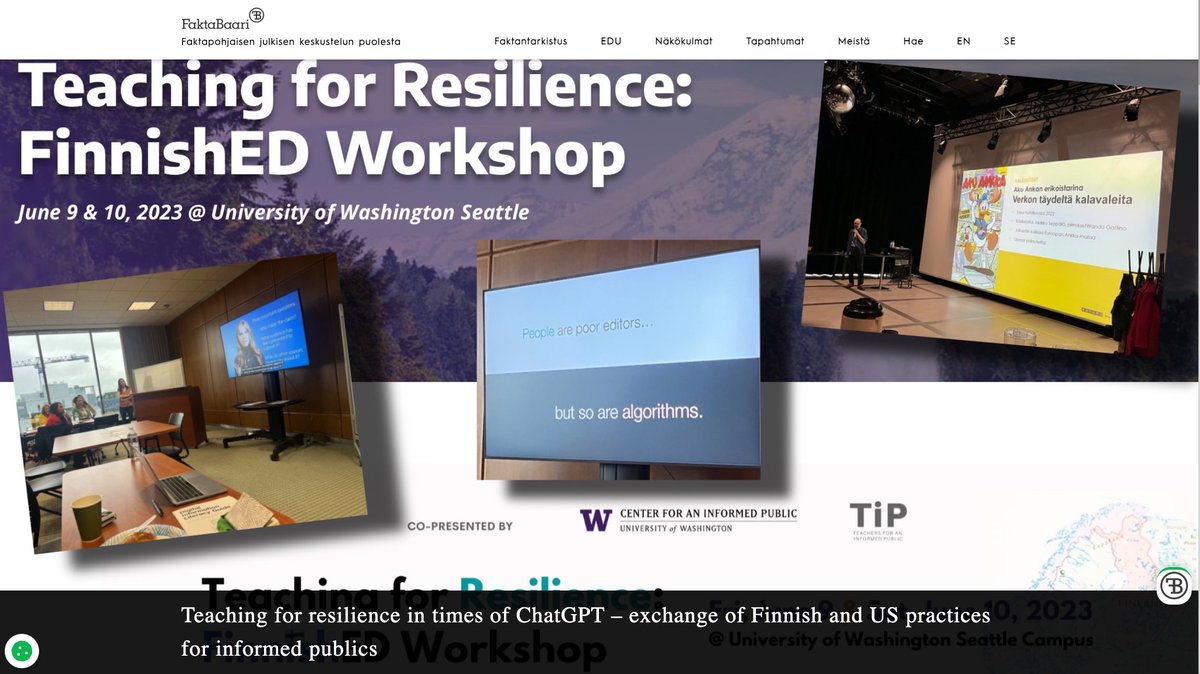 Faktabaari contributes to non-governmental Nordic🇫🇮🇳🇴🇸🇪🇩🇰🇮🇸 &amp; US 🇺🇸 co-operation to tackle #disinformation within <a href="/nordishub/">NORDIS</a> &amp; with <a href="/uwcip/">Center for an Informed Public</a> 🤝.

In June <a href="/FactBar/">FactBar EDU</a> trained  US #teachers in Seattle 👇 #informationliteracy #democracy #elections 🧵 ✅faktabaari.fi/edu/teaching-f…