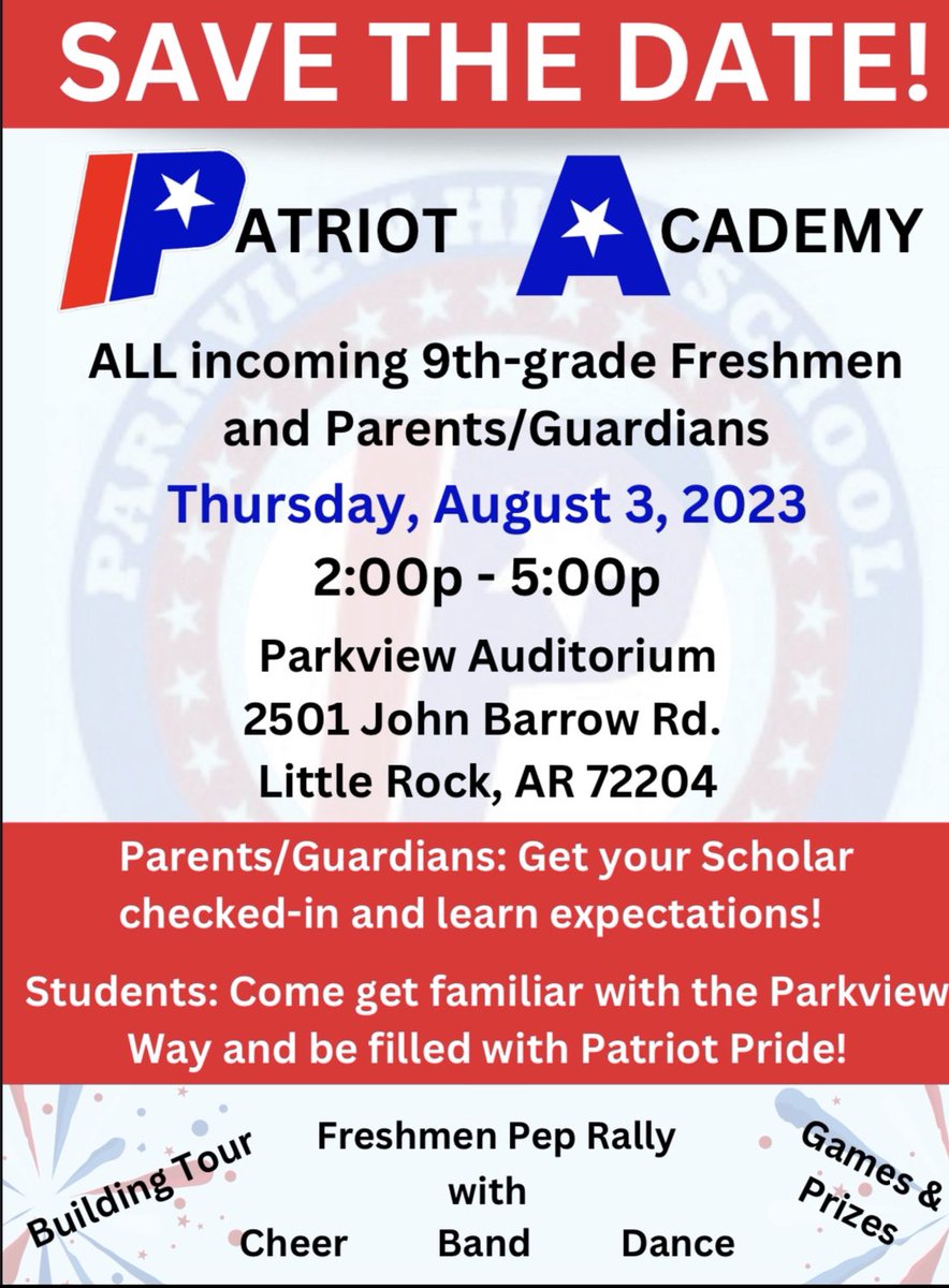 Coach Anderson (@adandersonpv) on Twitter photo 🗣️ATTENTION, ATTENTION 
 All incoming Patriot Freshmen please mark your calendars!!! 
Big🔴, Big ⚪️, Big 🔵🔵🔵<a href="/lrsd/">Little Rock School District</a> 🗣️ATTENTION, ATTENTION 
 All incoming Patriot Freshmen please mark your calendars!!! 
Big🔴, Big ⚪️, Big 🔵🔵🔵<a href="/lrsd/">Little Rock School District</a>