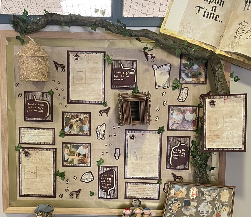 Check out our summer outcome with a focus on film and fairy tales. We chose ‘The 3 little pigs’ as our core text and used the story to discuss and describe the role of a villain. For our artwork we used construction techniques to build each house.