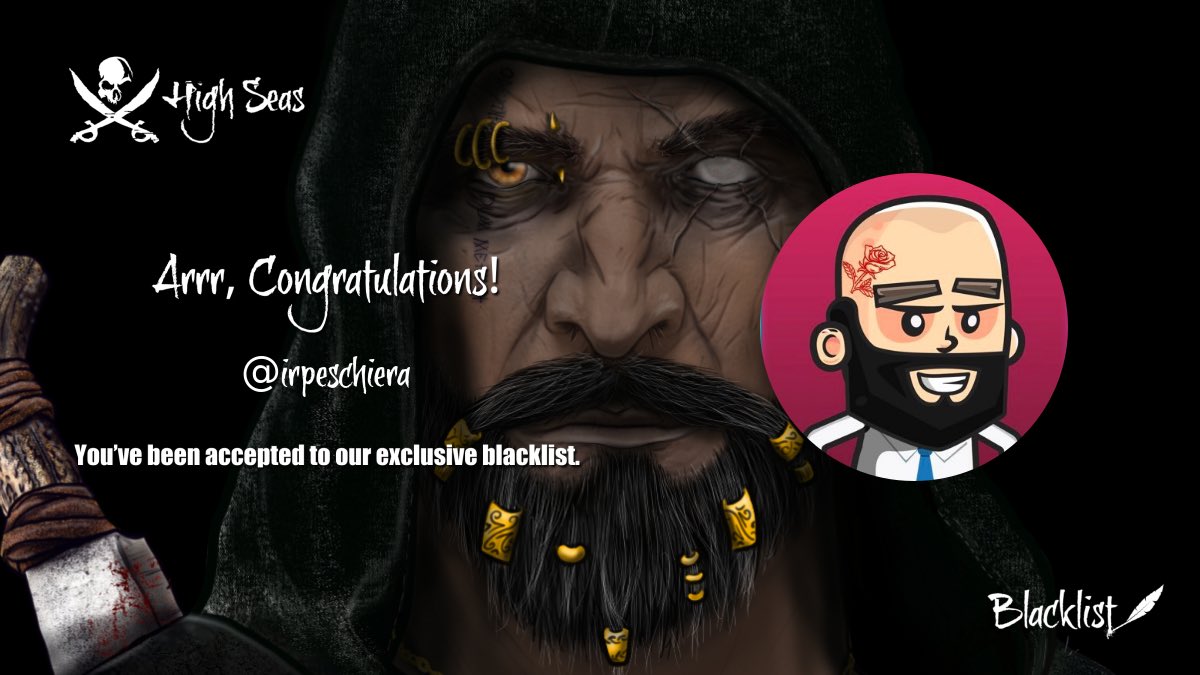 Ahoy, @irpeschiera ! The captain's gandered at yer papers, and yer petition for the blacklist of the @HighSeasGameFi has been accepted!✅ Ready yer cutlasses and batten down the hatches, for from this day on, ye sail under the black flag!🏴‍☠️#hspcrew