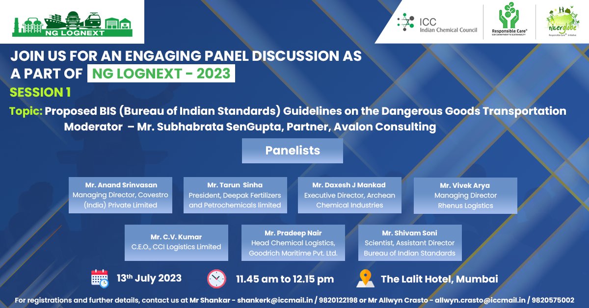 icc_india's tweet image. Join us for an interesting panel discussion on: Proposed BIS (Bureau of Indian Standards) Guidelines on Dangerous Goods Transportation
Date: 13th July 2023
Venue: The Lalit, Mumbai
For more details, refer to the image below:
#logisticsevent #nicerglobe