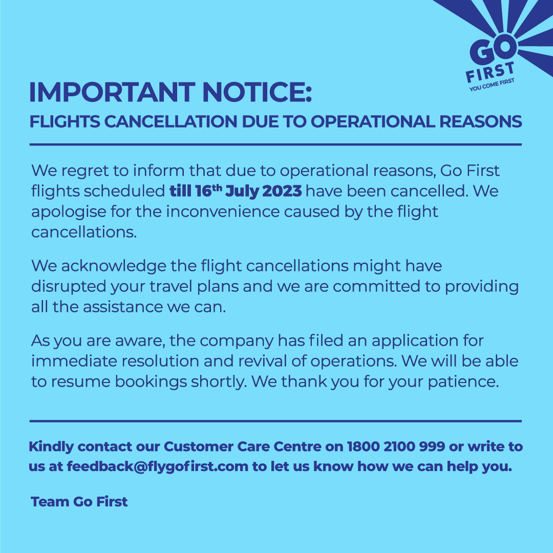 ETNowSwadesh's tweet photo. #BreakingNews | Go First की सभी उड़ानें 16 जुलाई तक रद्द
#GoAir #Flight #Flights #GoFirstAirlines #GoFirstFlights #Airline #Cancellation
@GoFirstairways https://t.co/pq9RFkBXpP
