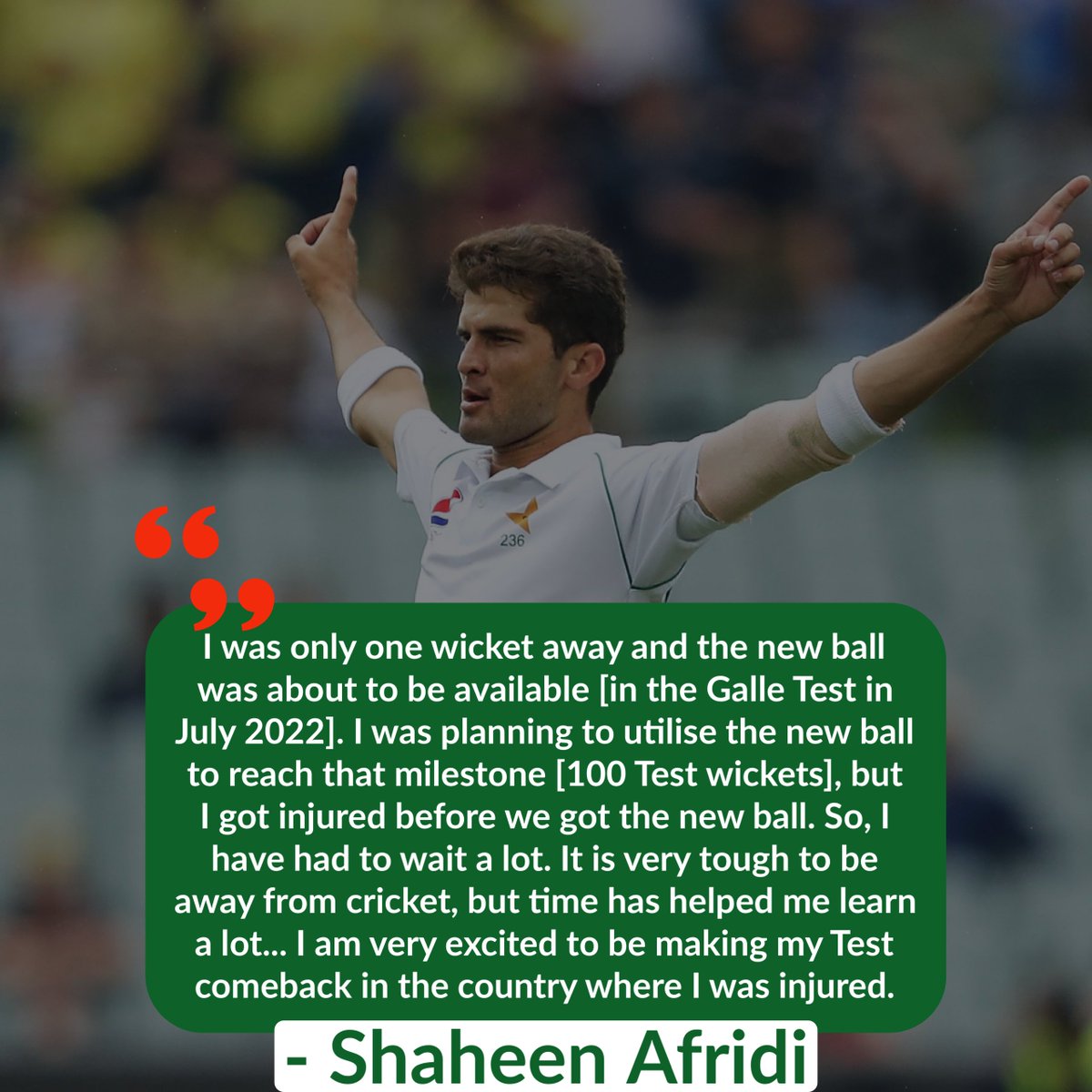 cricbuzz's tweet photo. Shaheen Afridi, 1 away from 100 Test wickets, can't wait to play red-ball cricket again 💪💪 https://t.co/lEt7mr9gZY
