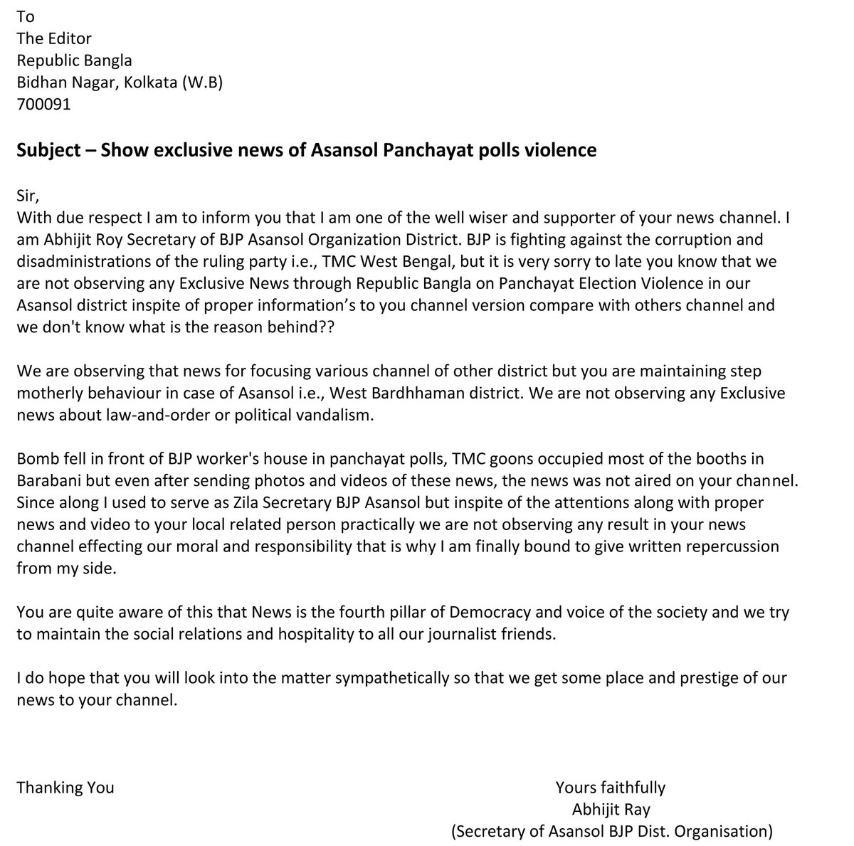 _royabhijit's tweet photo. We are very saddened by the role of the media. We have written a letter before but there was no reply from that side so I tweeted this heartbroken message.
@unoffarnab @republic @BJP4Bengal 
@MIB_India https://t.co/kVMYqrTpDF