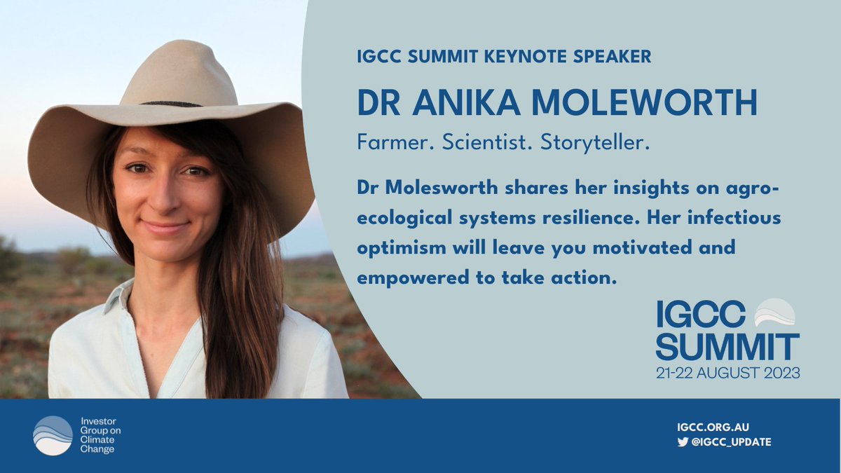 Investor Group on Climate Change (@igcc_update) on Twitter photo Join us for a truly inspiring experience as <a href="/AnikaMolesworth/">Anika Molesworth</a> shares her insights on agro-ecological systems resilience at the #IGCCSummit2023.
Her infectious optimism will leave you motivated and empowered to take action.
🌿app.glueup.com/event/igcc-cli… Join us for a truly inspiring experience as <a href="/AnikaMolesworth/">Anika Molesworth</a> shares her insights on agro-ecological systems resilience at the #IGCCSummit2023.
Her infectious optimism will leave you motivated and empowered to take action.
🌿app.glueup.com/event/igcc-cli…