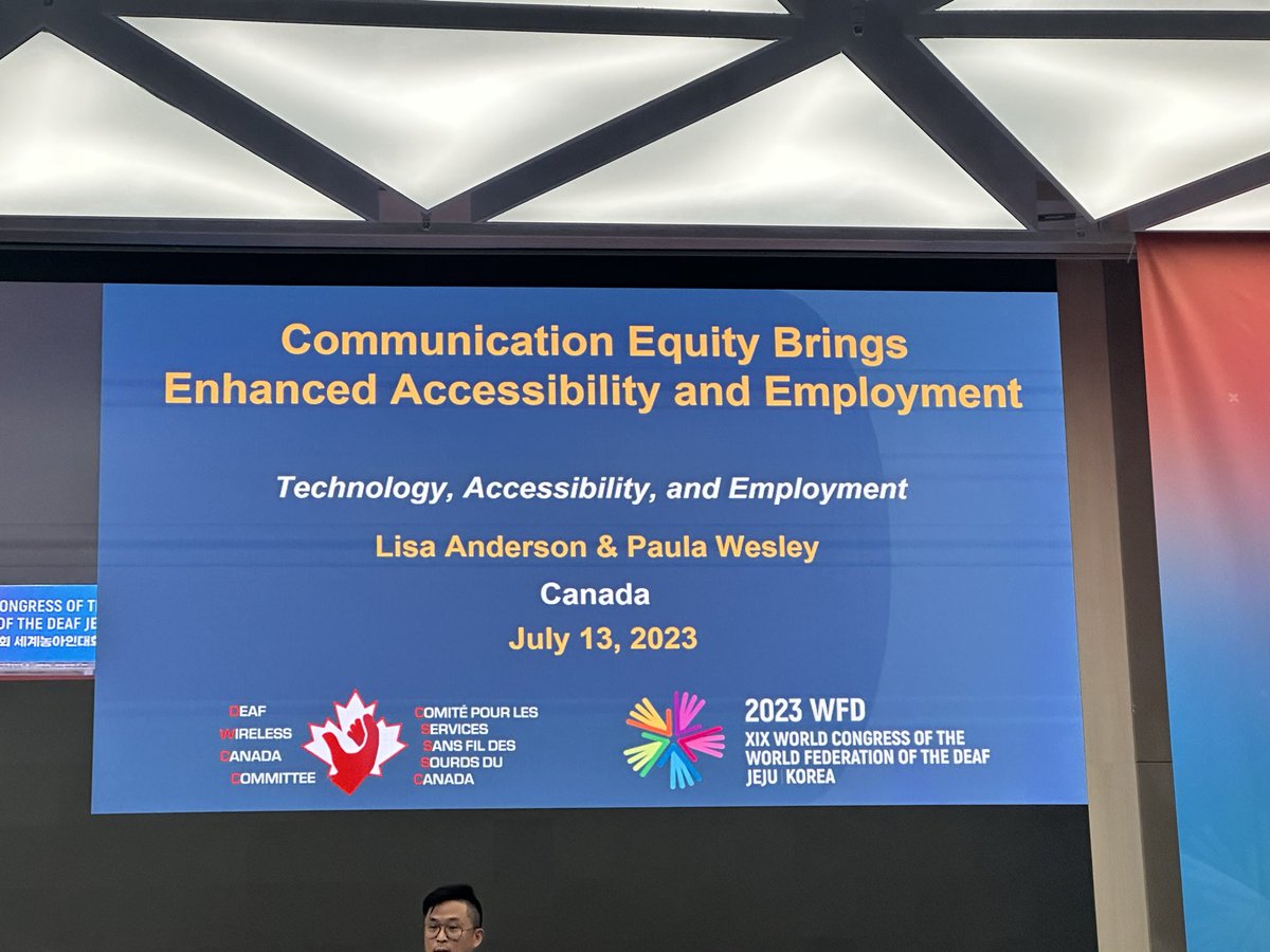 “Communication Equity Brings Enhanced Accessibility and Employment” delivered by the DWCC at @2023wfd_jeju. 

Things I’ve learnt and am shocked by: Canada has an ‘Accessible Communications Act’ and Deaf Canadians have access to 9-1-1 by SMS or Real-Time-Text (RTT)!