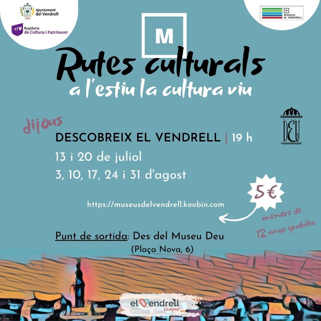 🏃‍♀️🏃‍♂️Aquesta tarda no et perdis la ruta pel Vendrell! 
Sortida: 19h - Museu Deu
Preu: 5€, menors de 12 anys gratuït
Durada: 1.30h
@elvendrell_cat #EstimemlaCultura #rutas @TGNturisme
@Turismevendrell @costadauradatur @H_CostaDorada