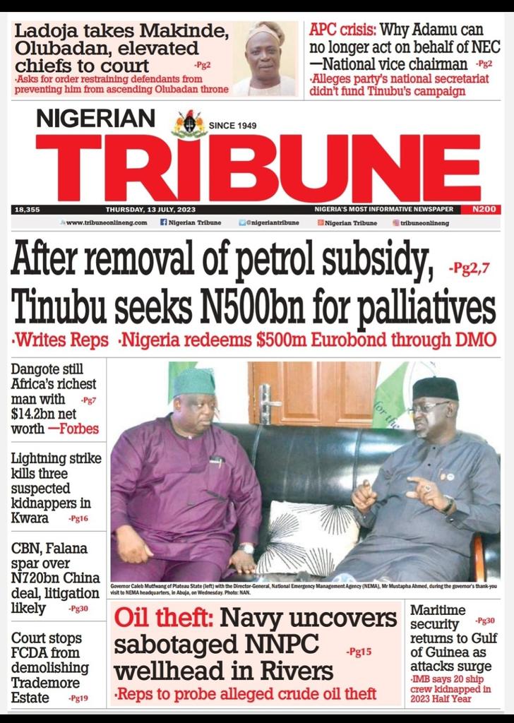 tolaogunnubi's tweet photo. #Headlines #newspapers #frontpages #BreakingNews #Nigeria #Ambode #Buhari #NIRSAL #Rwanda #Daura #TrinityGuy #Lagos #AccessBank #Saudi #DonaldDuke #Tinubu #GTWorld #RiversState #Naira #VanPersie #headline #Newspaper #frontpage #HeadlineNews #Abuja #TinubuMUSTbeDisqualified https://t.co/VF4sXkY65Y