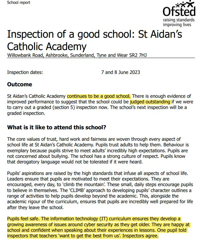 OUTSTANDING OFSTED report - The core values of trust, hard work and fairness are woven through every aspect of school life at St Aidan’s Catholic Academy. So proud of our students and staff buff.ly/46F904k 
<a href="/StPaulsRyhope/">StPauls Primary</a>
<a href="/Millhillprimary/">Mill Hill Primary School</a>
<a href="/SeaburnDenePS/">Seaburn Dene Primary School</a>
<a href="/HudsonRoad/">Hudson Road Primary</a>
<a href="/bccet/">Bishop Chadwick Catholic Education Trust</a>