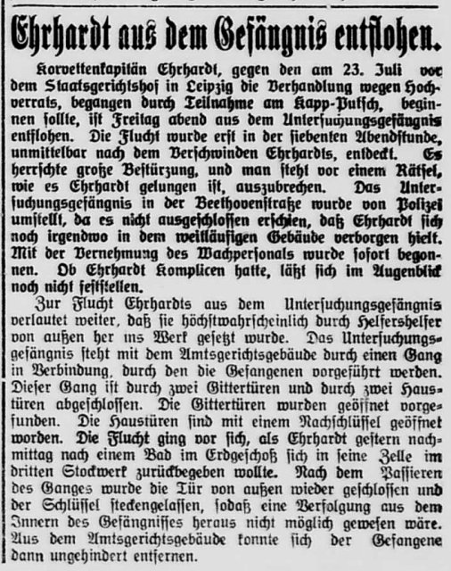 KamenzPresse's tweet image. Am 13. Juli 1923 floh der #rechtsextreme Freikorpsführer Hermann Ehrhardt aus der Untersuchungshaft in #Leipzig. Er war am #Kapp-#Putsch sowie zahlreichen politischen Morde beteiligt. 
→de.wikipedia.org/wiki/Hermann_E…

(Kamenzer Tageblatt, 15. Juli 1923)