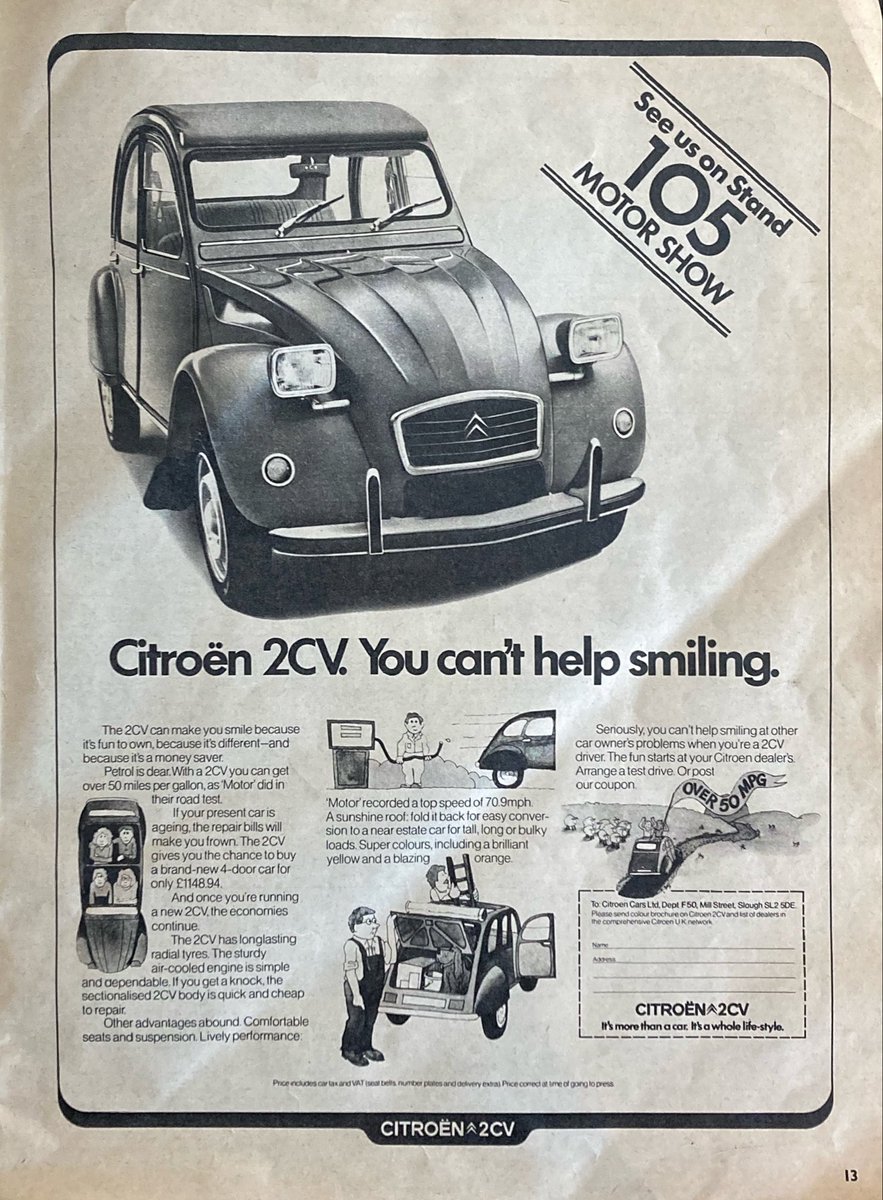 Factoid Extra: It’s been a treat looking back at some the great UK 2CV ads, but I’ll finish with this one used when it was relaunched back in 1974 - not just getting the ‘tone’ right from the off, but just a great ad…

@neilmbriscoe @t2stu <a href="/DarraghMcKenna/">Darragh McKenna 🌐</a> <a href="/TopOfTheTower/">Leo Nulty</a> <a href="/StvCr/">Steve Cropley</a>