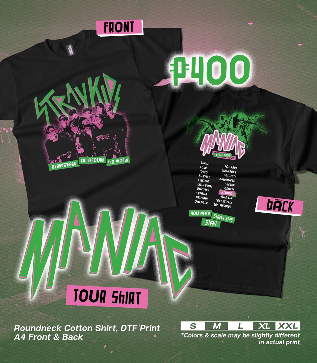 from_03racha's tweet photo. ⛓️🩷 interest check ic 💚🔩

case 143 &amp; maniac world tour inspired shirts !
— all designed by me ~
— price range is ₱350-430*
— check individual mock-ups &amp; samples below ! 

* price depends on size according to supplier :(

⌗ stray kids skz https://t.co/N8aDUwWcms