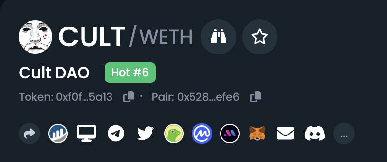 wearecultdao's tweet image. Hot #6 on @DEXToolsApp 

Seems like every day $CULT tops something new. 

I wonder why... 

#ModulusZK