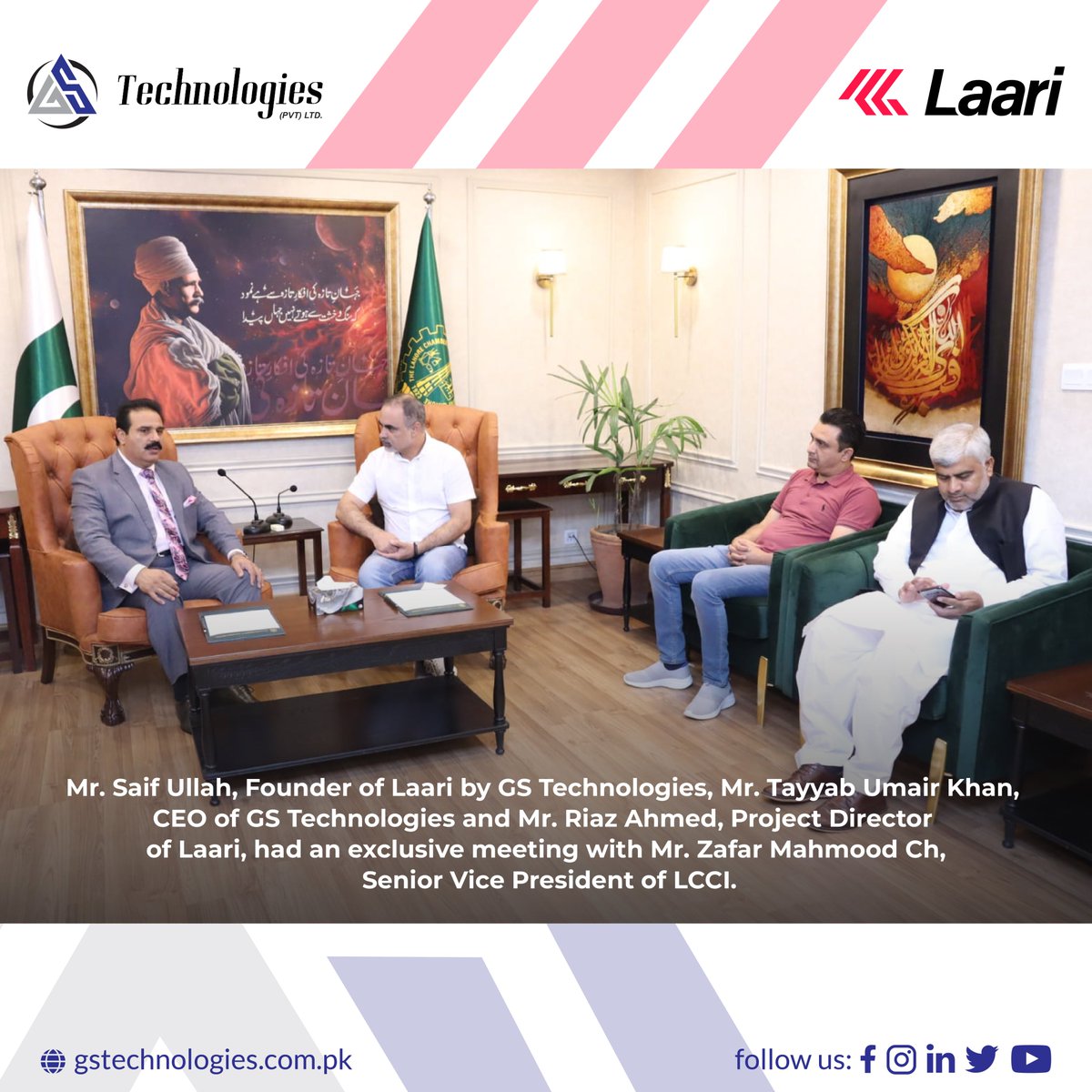 GSTechPAK's tweet photo. We are pleased to announce that Mr. Saif Ullah, Founder of Laari by GS Technologies, Mr. Tayyab Umair Khan, CEO of GS Technologies, and Mr. Riaz Ahmed, Project Director of Laari, had a productive meeting with Mr. Zafar Mahmood Ch, Senior Vice President of LCCI. 

#GSTechnologies https://t.co/ix6xuDoMwa