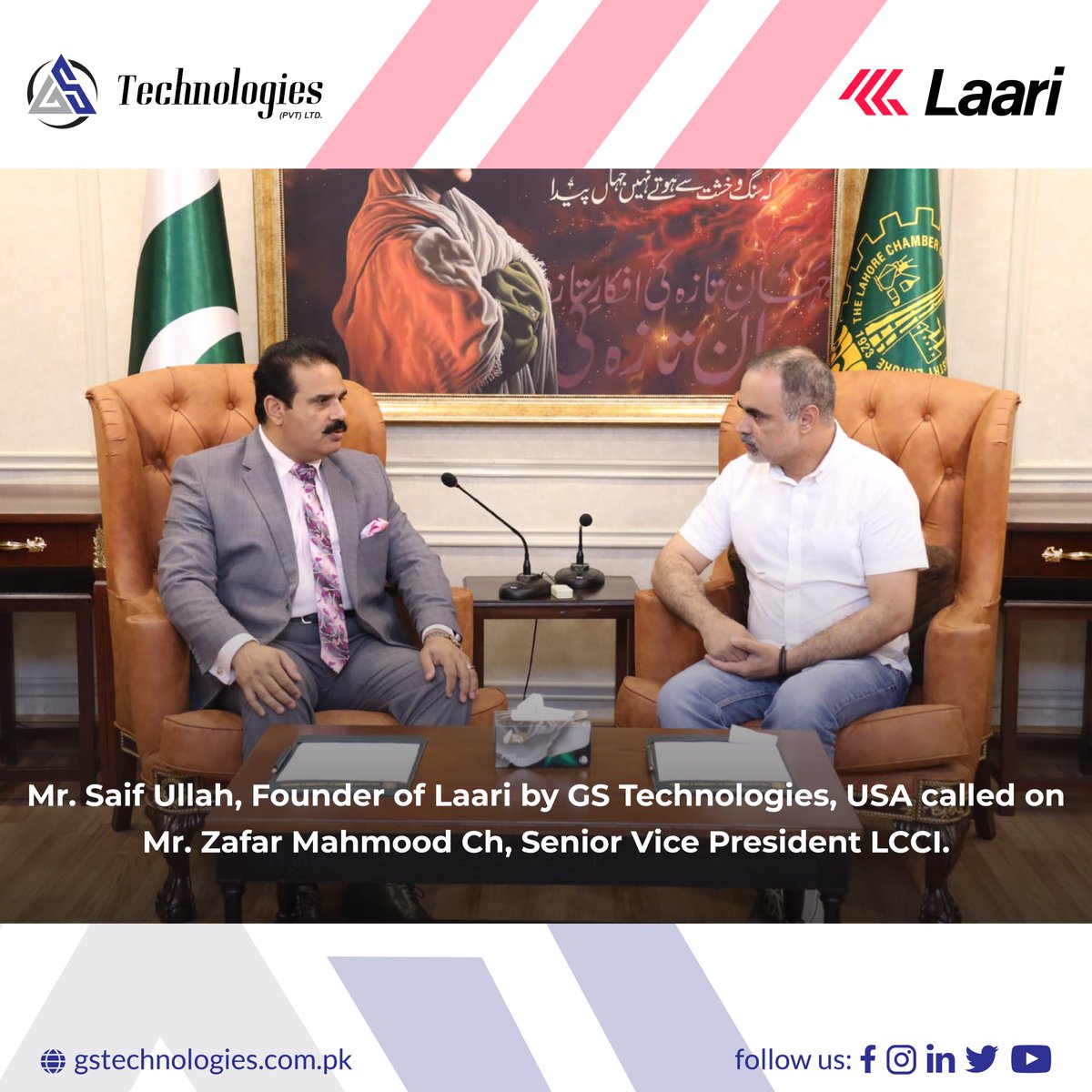GSTechPAK's tweet photo. We are pleased to announce that Mr. Saif Ullah, Founder of Laari by GS Technologies, Mr. Tayyab Umair Khan, CEO of GS Technologies, and Mr. Riaz Ahmed, Project Director of Laari, had a productive meeting with Mr. Zafar Mahmood Ch, Senior Vice President of LCCI. 

#GSTechnologies https://t.co/ix6xuDoMwa