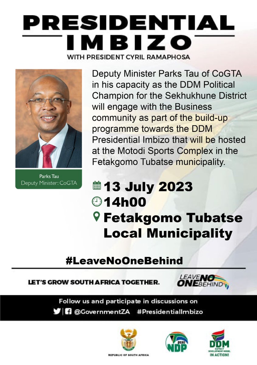 TauParks's tweet photo. Today we will hold an introductory meeting with #Sekhukhune & #Limpopo based #BusinessForums to establish relations as the Cabinet #DDM Champion for the District, ahead of the 8th #DDM #PresidentialImbizo in Sekhukhune District
https://t.co/uv4ATDdOyo
#LeaveNoOneBehind 🇿🇦 https://t.co/5dGcALEkR0