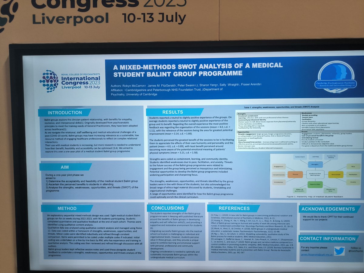 CamPsyche's tweet photo. Good morning Liverpool! For the last day of the congress we will be highlighting our @Cambridge_Uni med student Balint group scheme and our psychodynamic psychiatry training for @CUH_NHS clinical staff involved in the care of patients with complex emotional needs! @CpftMedEd https://t.co/93JcXKD9sa