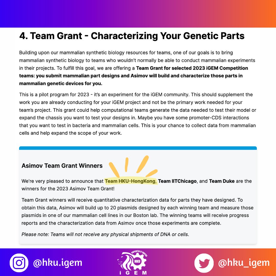 🚀Exciting News - Asimov Team Grant🚀
<a href="/AsimovBio/">Asimov</a>
We are delighted to share that our iGEM team has been awarded the prestigious 2023 Asimov Team Grant! 

#HKUiGEM #HKUiGEM2023 #EatIt #AsimovTeamGrant #iGEM2023
