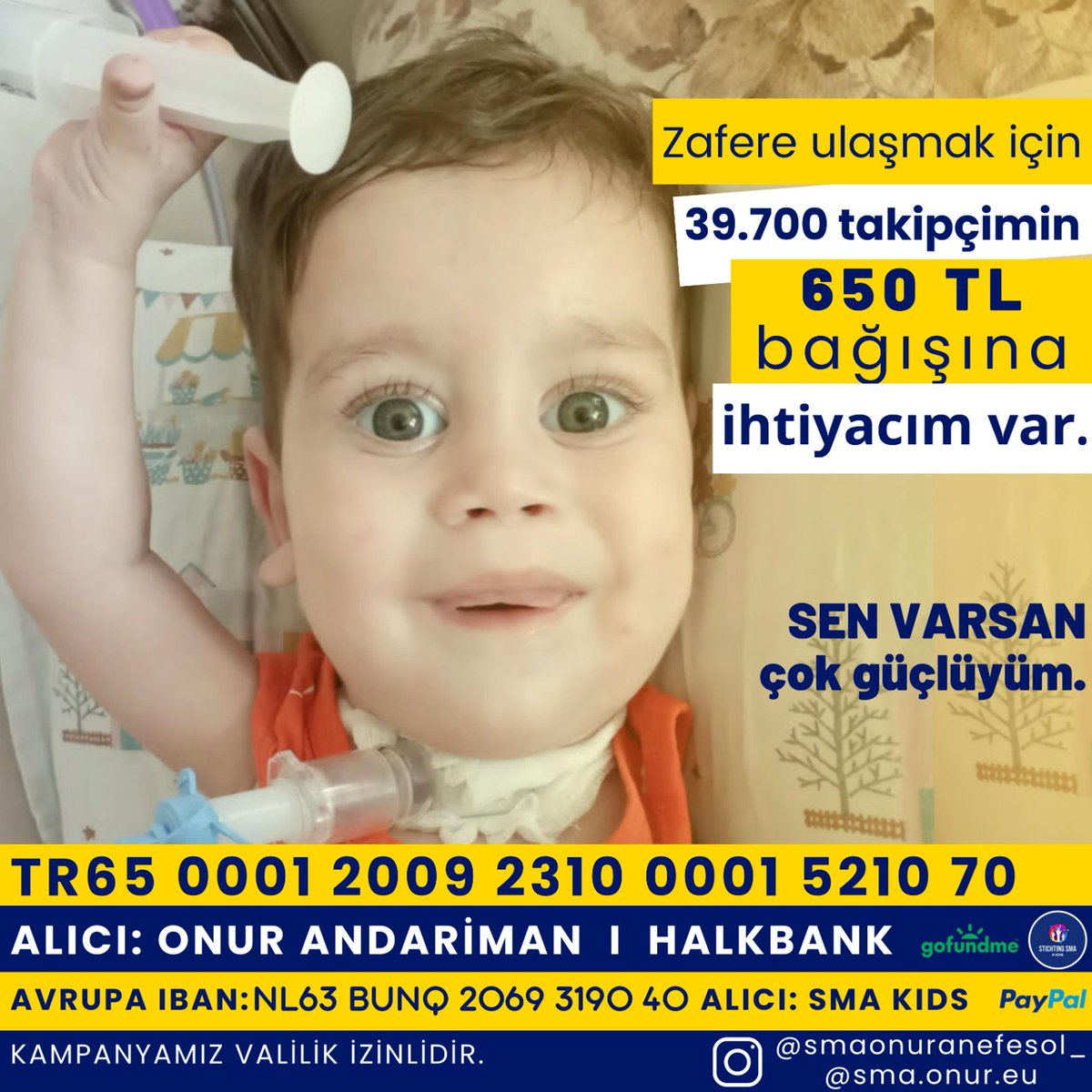 onurkazandi's tweet photo. Minik bedenimle 17 aydır verdiğim mücadelemde sizin desteğinizle yolu yarılamak üzereyim. 

Kampanyamın sonlanması için se 39.700 takipçimin sadece 650 TL'sine ihtiyacım var. 

Ne olur tuttuğun ELİMİ BIRAKMA. İlacıma kavuşmam için bir kez daha bana yardım eder misin? https://t.co/D82thvDGY4