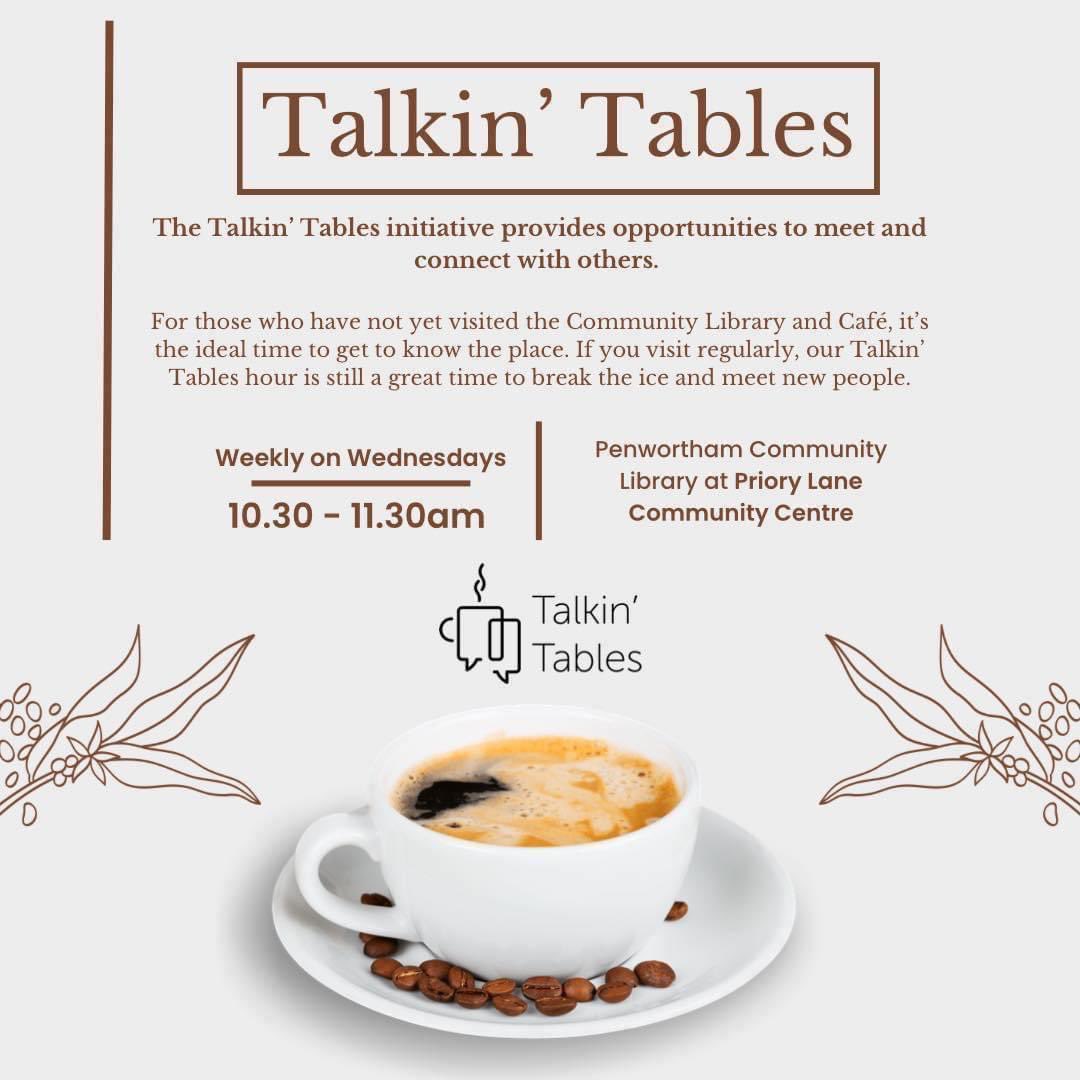 Don’t forget that Talkin’ Tables meet weekly on Wednesdays at Priory Lane Community Centre from 10.30 - 11.30am. It is the perfect time to meet and connect with others ☕️

#penwortham #lancashire #preston #whatsonpenwortham #communitycentre #communitylibrary #reading #books