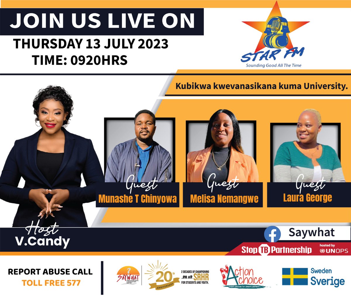 Vana vanobikwa sei kuma Universities? 
Join us today at 0920 hrs on our Facebook page as we discuss this matter &amp; SRHR implications around it. Your input on this will be most appreciated so as to create a more conducive environment for students while at college. 
#StudentsFirst