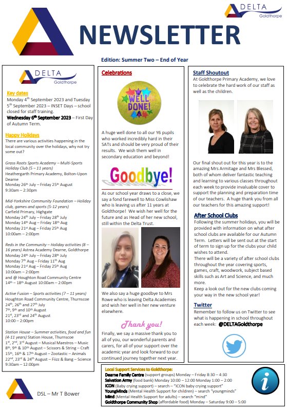 DeltaGoldthorpe's tweet photo. Take a look at our Summer 2 Newsletter - with plenty going on over this week and next, we wanted to share with you what a brilliant half term we have had so far! #summertwo #newsletter #summerclubs https://t.co/f0y7tzwPEV