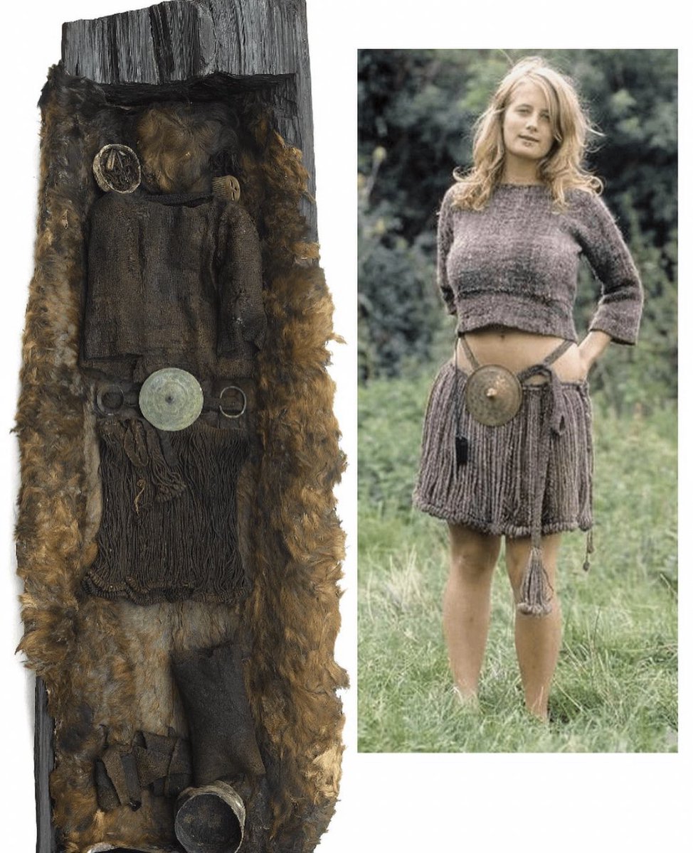 The image showcases clothing that has been preserved from the burial of the Egtved Girl, a notable figure from the Bronze Age. The burial took place around 1370 BC in Denmark. On the right side of the image, a contemporary reproduction of her clothing can be seen.

During a