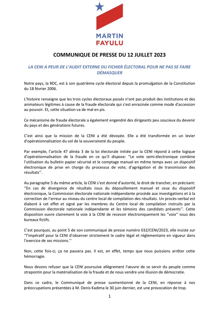 MartinFayulu's tweet photo. La #CENI a peur de l’audit externe du fichier électoral, par un organisme indépendant réputé, pour ne pas se faire démasquer. Elle sait que son fichier contient de millions d’électeurs fictifs. Un processus électoral est un processus de sincérité et la vérité des urnes commence par un fichier électoral fiable.