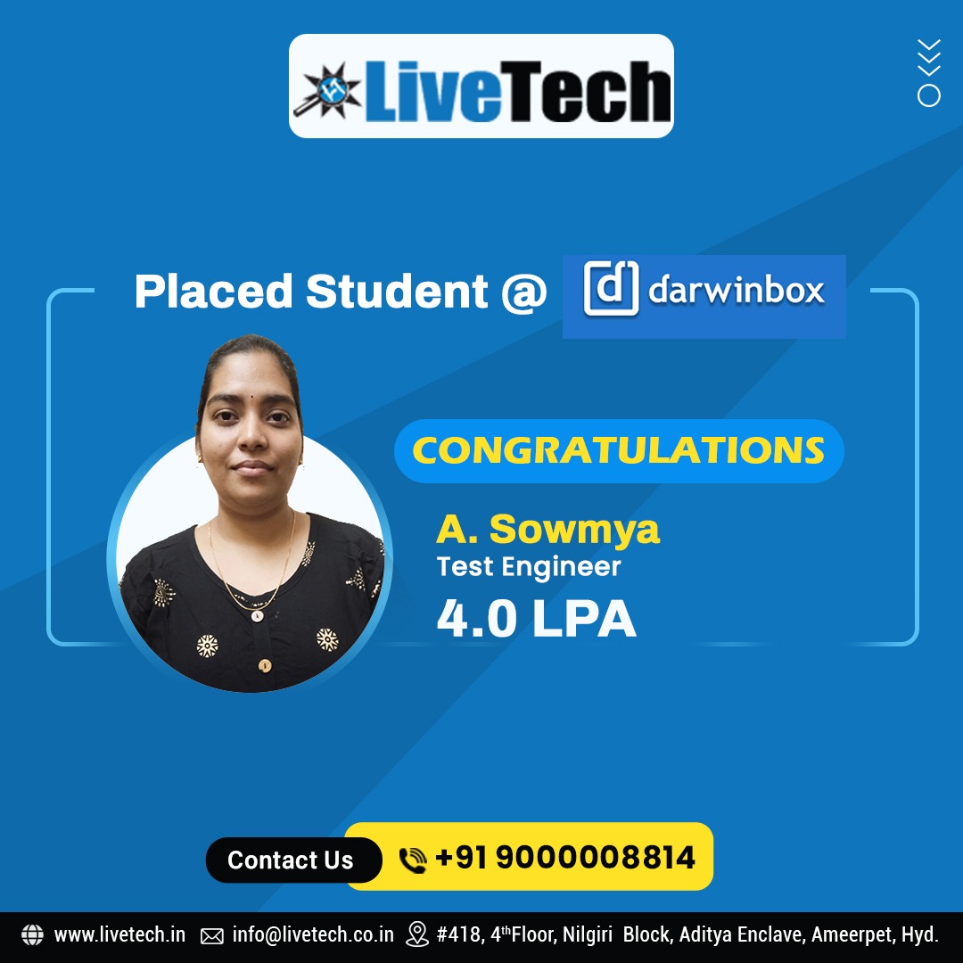 LiveTechTesting's tweet image. Congratulations on securing your dream software job! Wishing you a fulfilling and successful career ahead!
Please visit our website :livetech.in
Placements : lnkd.in/dPte8QGH
For more details Please call us on 9000008814