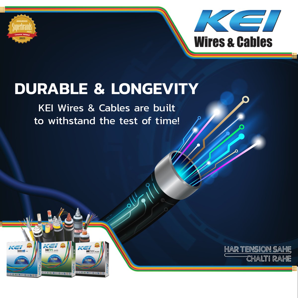 keicable's tweet photo. Choose KEI Wires &amp; Cables for your home and live stress-free! #HarTensionSaheChaltiRahe

#KEI #KEIwiresandcables #safetyfirst #Durability #BuiltToLast #longevity #safetyexperts #Housewires #wireandcableexperts #electricalsafety #choosekei https://t.co/lBk9C46u2Z