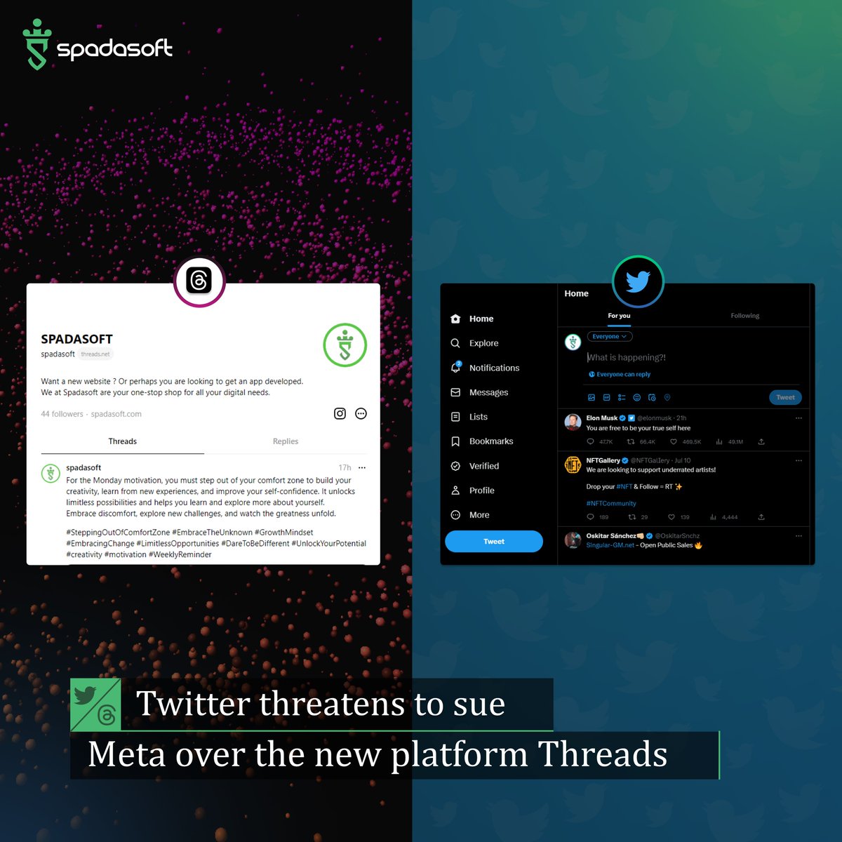 spadasoft's tweet photo. Meta has introduced Threads, called the “Twitter killer” platform. Twitter is now threatening to take legal action against Meta on introducing a similar app called threads. Threads poses a substantial threat to Twitter as it diverts both their attention and revenue. https://t.co/vliXuRxxNB