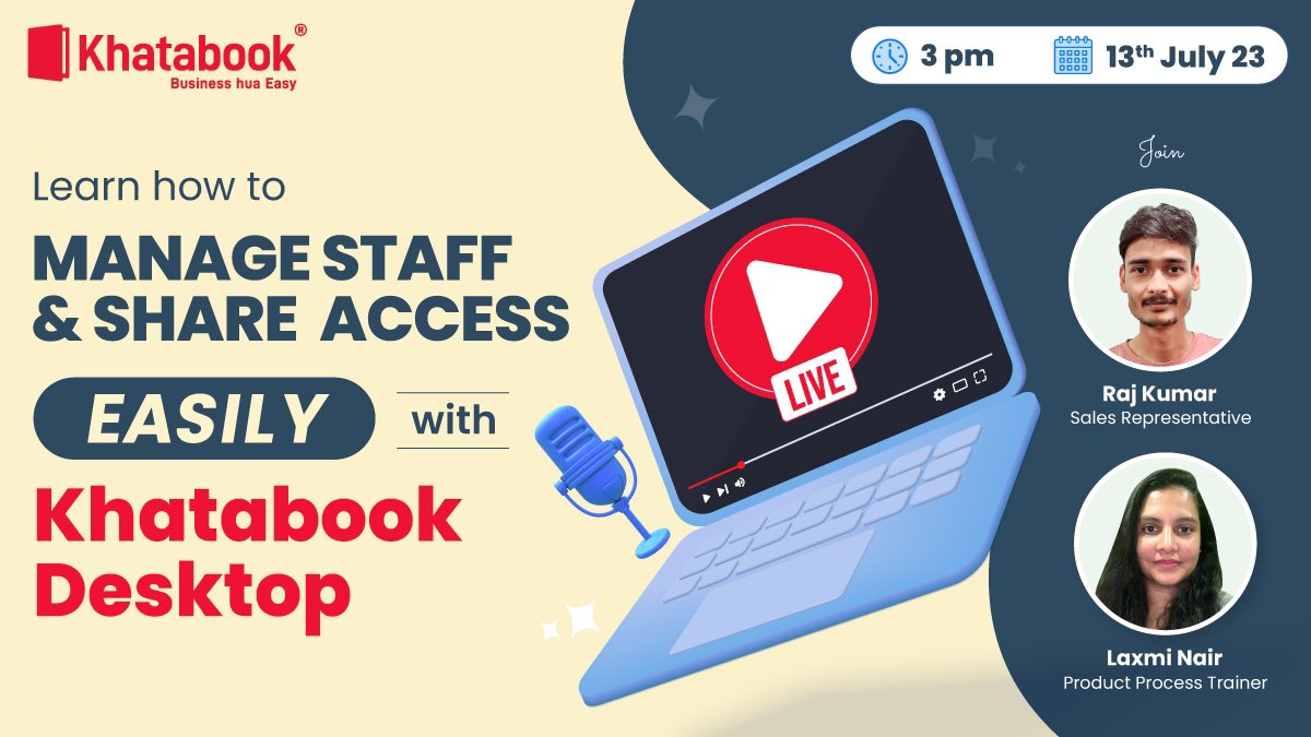 Need your staff to help more in your Business? Learn how to give them view and edit access easily! Join us for an exciting LIVE session with our experts Laxmi and Raj today at 3pm. Only on our  youtube channel
youtube.com/live/dPFSJUZQW…
#khatabook #KBdesktop