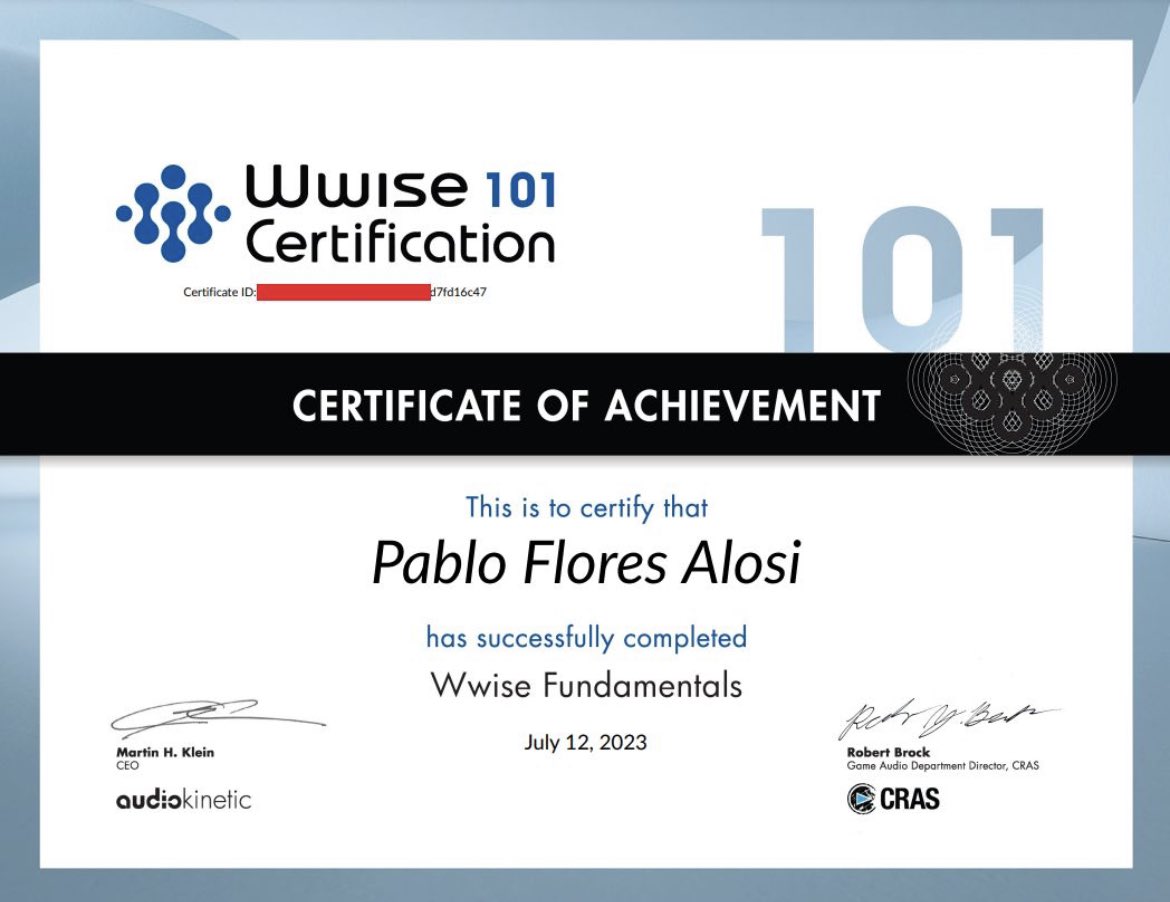 One step closer to fulfilling a dream. I was finally able to complete the @audiokinetic Wwise Fundamentals course and can share with all of you that I am now Wwise Certified! wooowwwwww 😁 

Today it's time to celebrate! 🤗 

#wwise #developbrighton #sounddesign #gameaudio