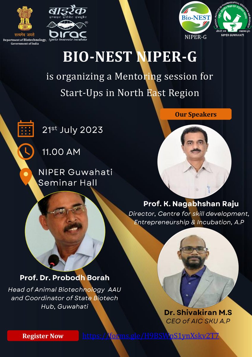 BioNEST Incubation Centre, NIPER Guwahati, India (@bionestniper) on Twitter photo Bio-NEST NIPER Guwahati is organizing a mentoring session on "Start-Ups in North East Region" dated 21st July 2023 at NIPER Guwahati in Physical mode.
Please do register by clicking the following link:
lnkd.in/dSAFjFPE
<a href="/BionestNiper/">BioNEST Incubation Centre, NIPER Guwahati, India</a> <a href="/GuwahatiNiper/">NIPER Guwahati</a> Bio-NEST NIPER Guwahati is organizing a mentoring session on "Start-Ups in North East Region" dated 21st July 2023 at NIPER Guwahati in Physical mode.
Please do register by clicking the following link:
lnkd.in/dSAFjFPE
<a href="/BionestNiper/">BioNEST Incubation Centre, NIPER Guwahati, India</a> <a href="/GuwahatiNiper/">NIPER Guwahati</a>