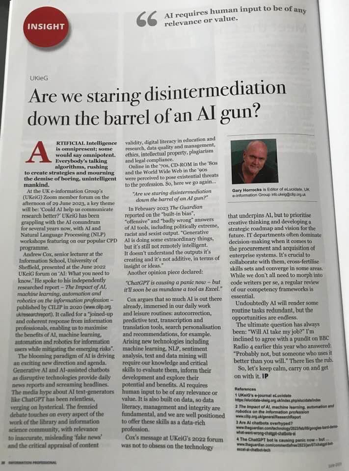 I’m cogitating themes arising from yesterday’s #CILIPConf23. A practical takeaway was to drown out all the #AI voices and noise. ‘Don’t make it bigger than it is.’ Focus on context, application, relevance to your discipline and sector. Read my <a href="/InfoProMag/">InfoProMag</a> as well 😊 <a href="/CILIPinfo/">CILIP</a> 👏