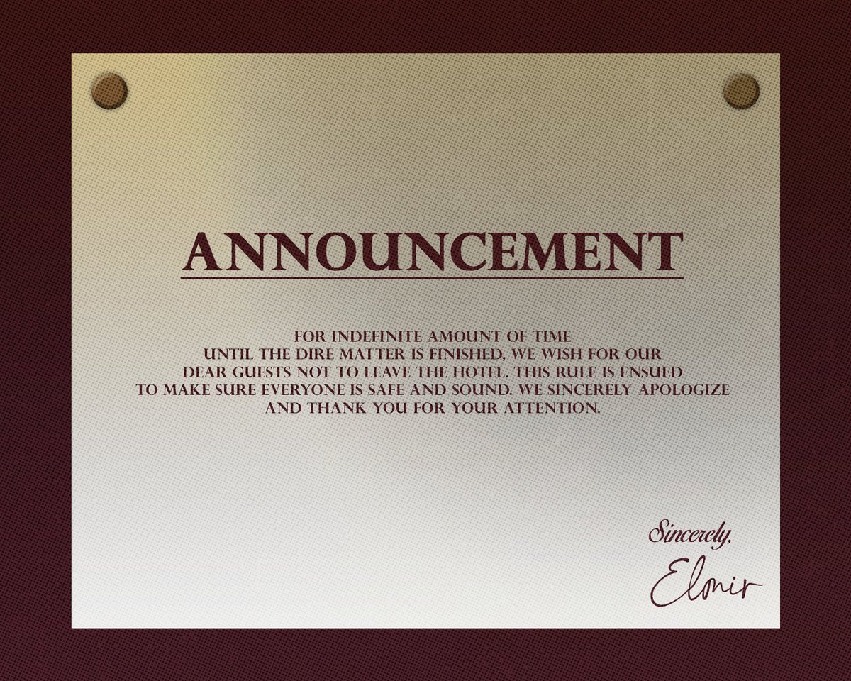 UmbraElysium's tweet photo. [ ANNOUNCEMENT ]

Due to some pressing matter we have on hands, we sincerely hope for our dear guests to abide by the newest rule we issue. Thank you for your kind attention! https://t.co/JZF8VH1q2s