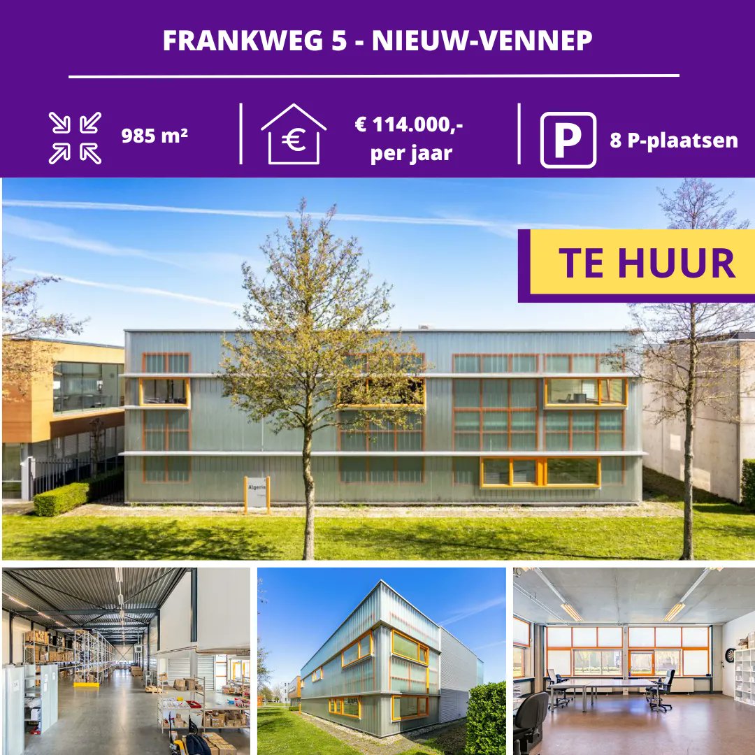 #Tehuur Frankweg 5, Businesspark Nieuw-Vennep Zuid. Kantoor met #bedrijfsruimte. Totaal ca. 1.425 mm2 bvo. Parkeren (8 plaatsen) op eigen terrein. Huur 114.000 pj ex btw en sk. schenkmakelaars.nl/object/frankwe…