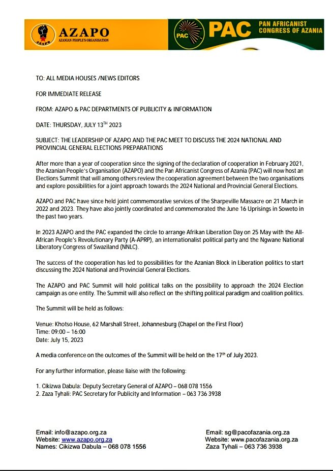 The children of Biko and Sobukwe are hosting an Elections Summit to discuss the possibility of approaching the 2024 Elections campaign as one entity. 

Date: July, 15 2023
Venue: Khotso House
Time: 09:00 - 16:00

@MyPAConline@SABCNews <a href="/Newzroom405/">Newzroom Afrika</a> <a href="/eNCA/">eNCA</a> <a href="/LukhonaMnguni/">Lukhona Mnguni</a> <a href="/SAfmRadio/">SAfmRadio 📻</a>