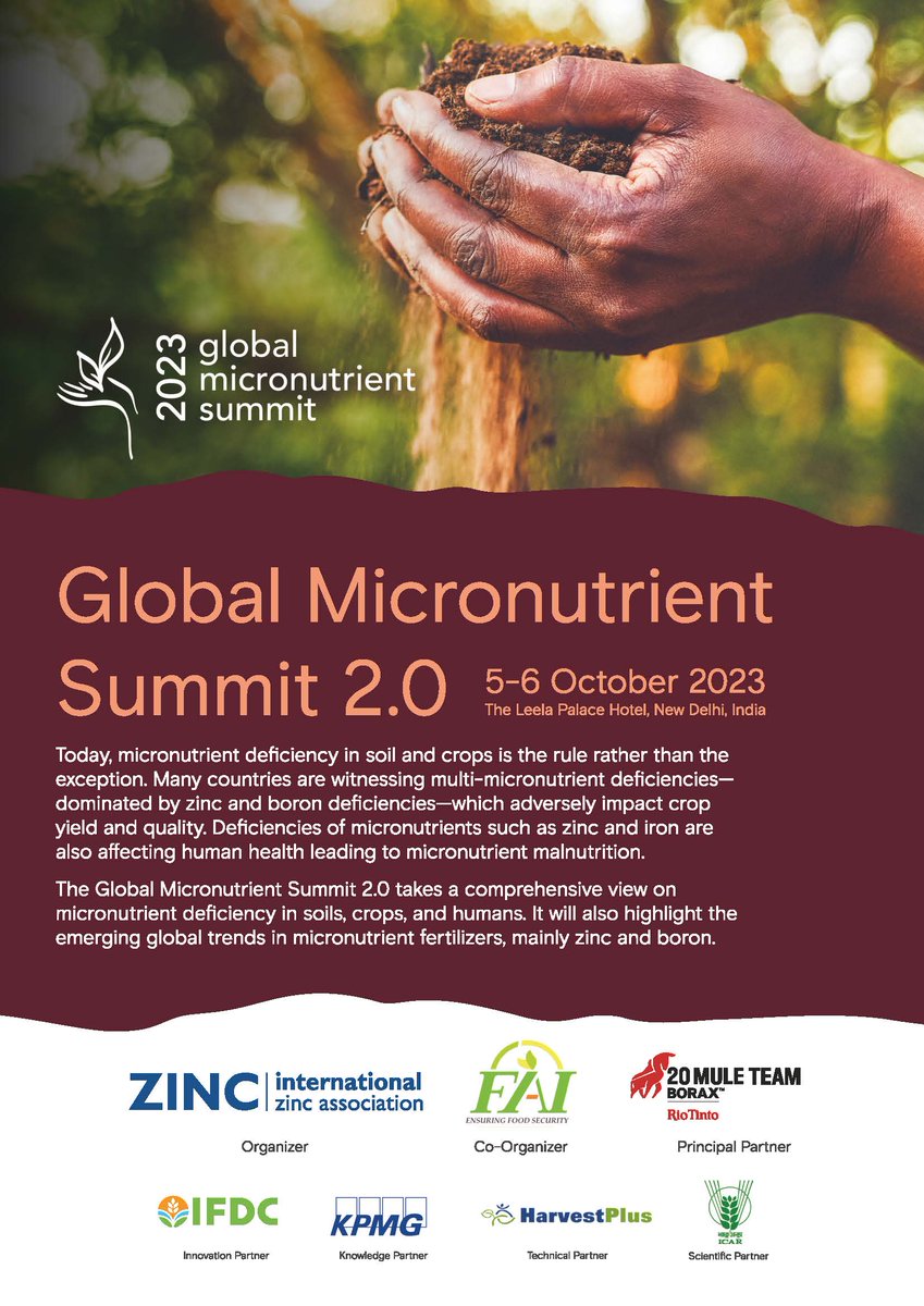 Join us in the Global Micronutrient Summit 2.0, scheduled for 5-6 October 2023 at The Leela Palace Hotel, New Delhi, India

Register Now: gms2.in

#micronutrient #zinc #boron #balancedplantnutrition #foodsecurity #nutritionsecurity #healthsecurity #gms #gms2
